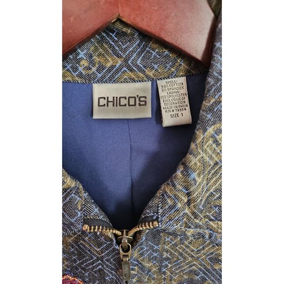 Chico's Sz 1 Denim Jacket Fall Embroidered Floral Sequin Beading Zip Stretch Med - Picture 3 of 5